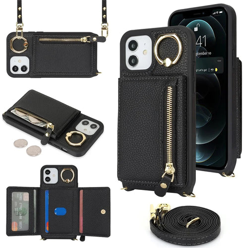 For iPhone 12 / 12 Pro Case Card Bag Ring Holder Litchi Texture Leather+TPU Phone Cover with Long Strap - Black - 1