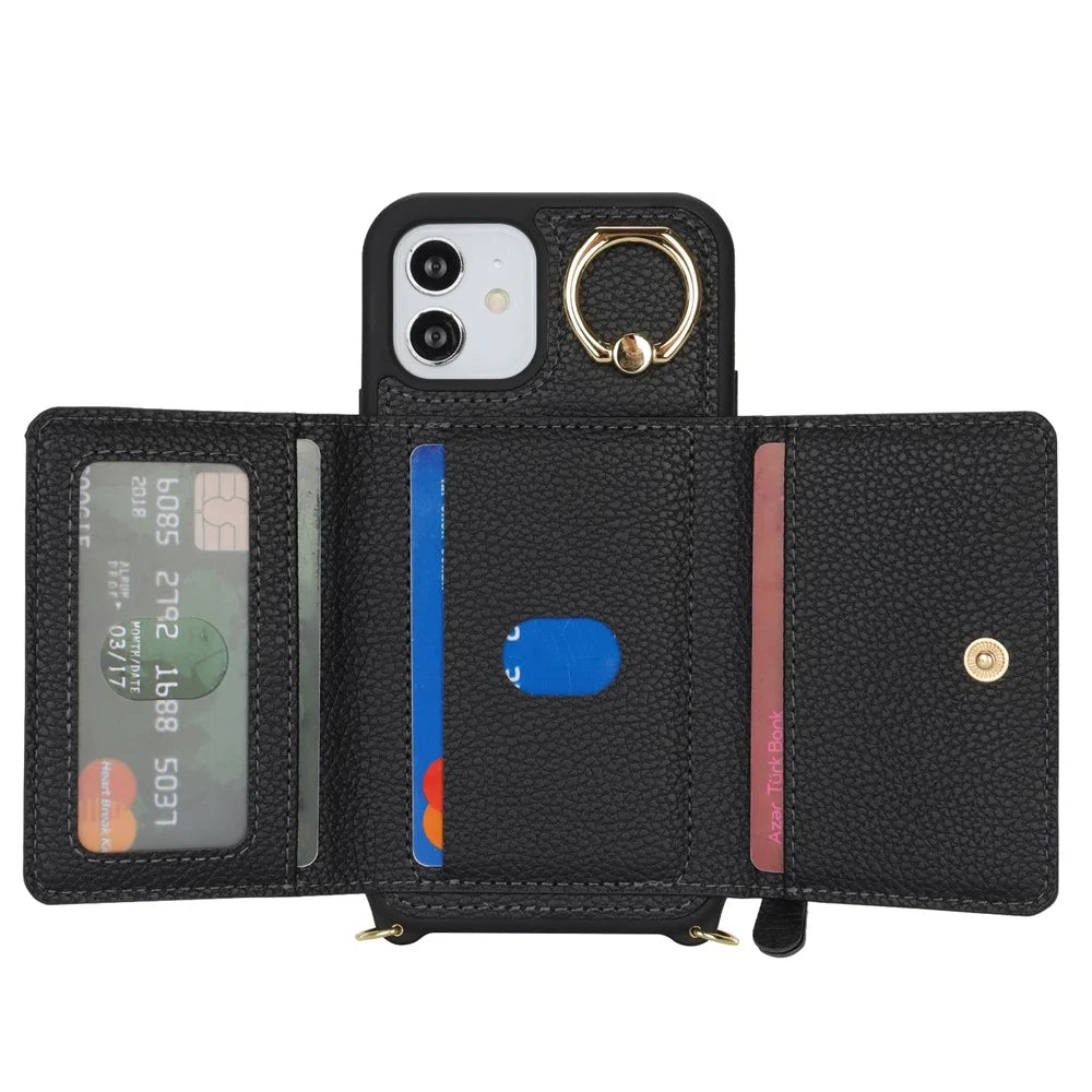 For iPhone 12 / 12 Pro Case Card Bag Ring Holder Litchi Texture Leather+TPU Phone Cover with Long Strap - Black - 2