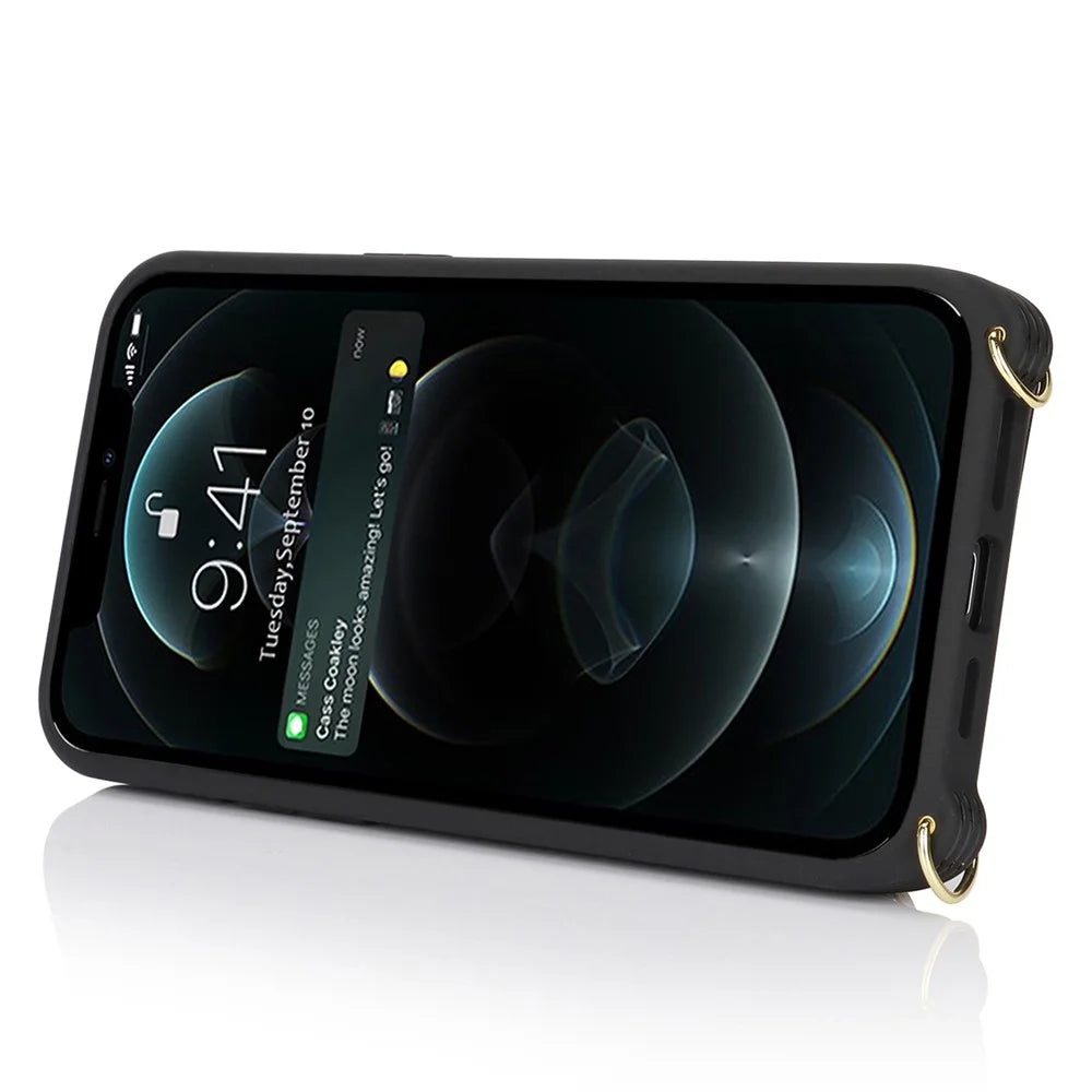 For iPhone 12 / 12 Pro Case Card Bag Ring Holder Litchi Texture Leather+TPU Phone Cover with Long Strap - Black - 3