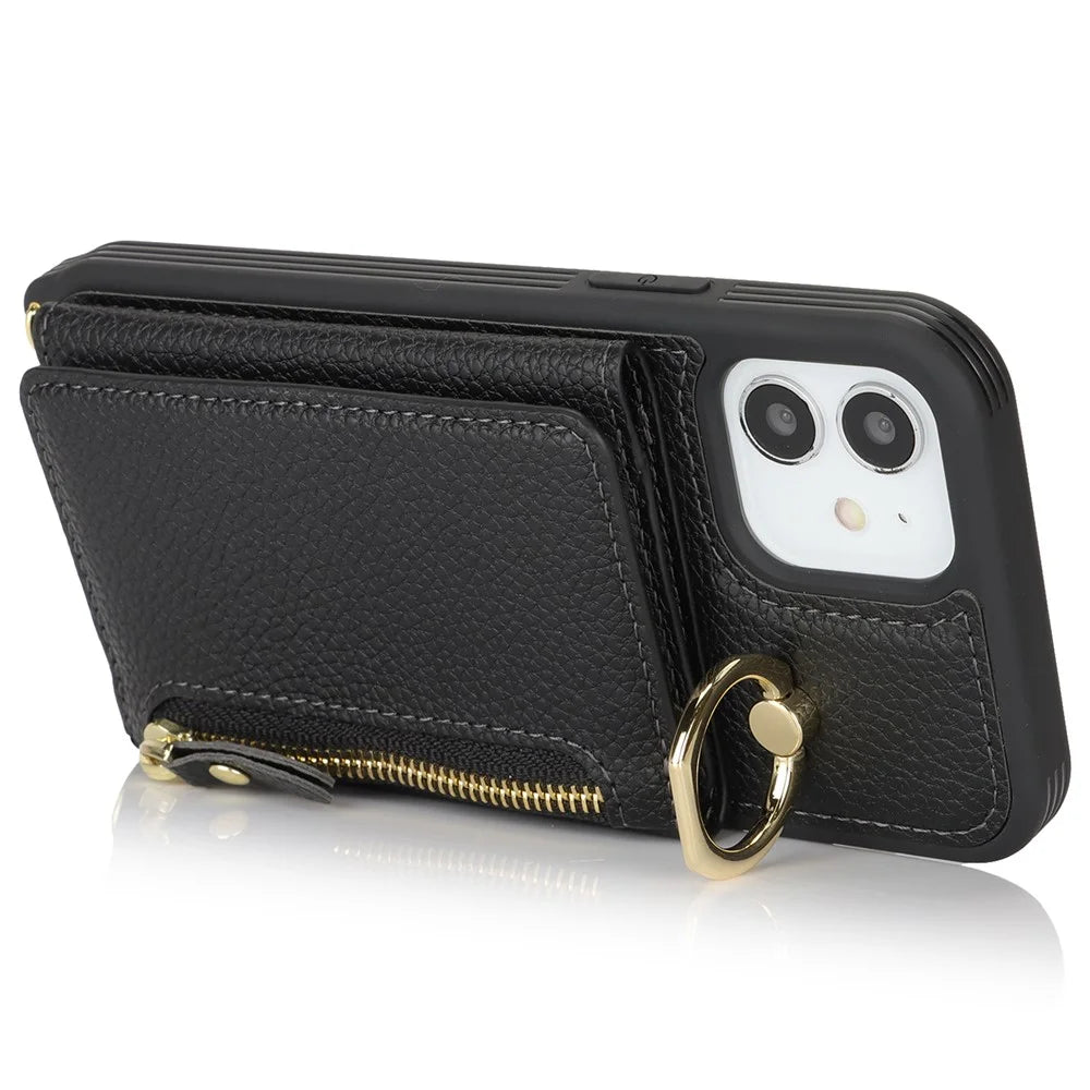 For iPhone 12 / 12 Pro Case Card Bag Ring Holder Litchi Texture Leather+TPU Phone Cover with Long Strap - Black - 4
