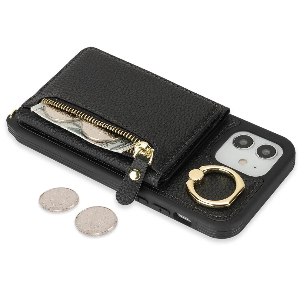 For iPhone 12 / 12 Pro Case Card Bag Ring Holder Litchi Texture Leather+TPU Phone Cover with Long Strap - Black - 5
