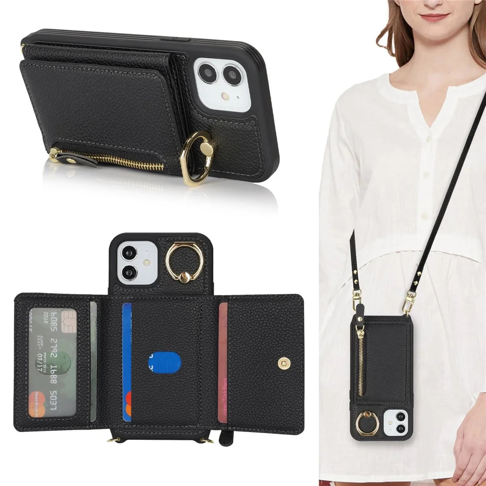 For iPhone 12 / 12 Pro Case Card Bag Ring Holder Litchi Texture Leather+TPU Phone Cover with Long Strap - Black - 6