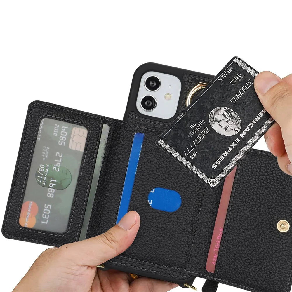 For iPhone 12 / 12 Pro Case Card Bag Ring Holder Litchi Texture Leather+TPU Phone Cover with Long Strap - Black - 7