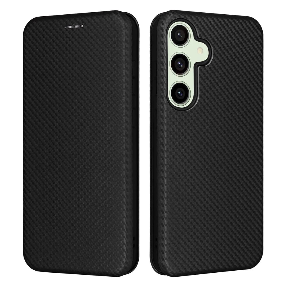 For Samsung Galaxy S24 FE Cell Phone Case Carbon Fiber Texture Magnetic Auto Closing Leather Cover - Black - 1