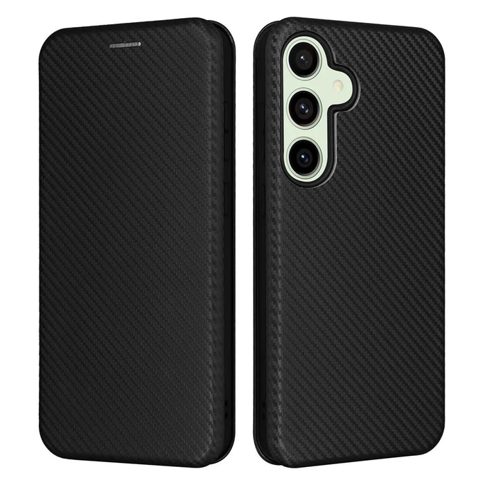 For Samsung Galaxy S24 FE Cell Phone Case Carbon Fiber Texture Magnetic Auto Closing Leather Cover - Black - 1