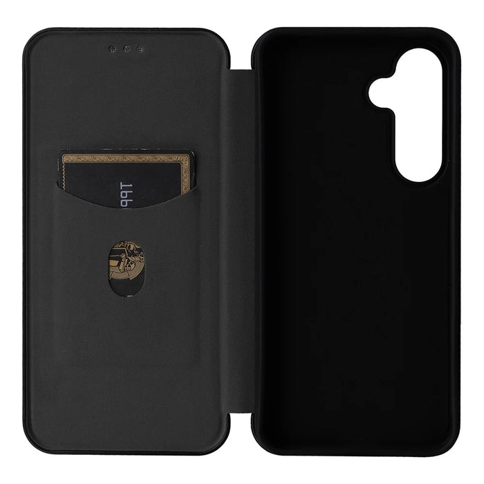 For Samsung Galaxy S24 FE Cell Phone Case Carbon Fiber Texture Magnetic Auto Closing Leather Cover - Black - 5