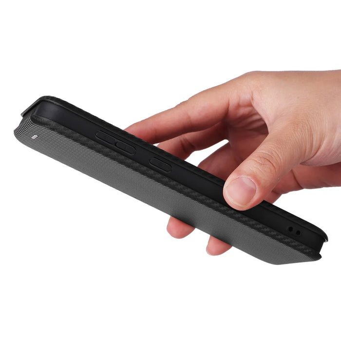 For Samsung Galaxy S24 FE Cell Phone Case Carbon Fiber Texture Magnetic Auto Closing Leather Cover - Black - 6