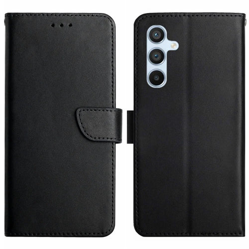 HT02 For Samsung Galaxy M35 5G Case Genuine Cow Leather Flip Wallet Phone Cover - Black - 1