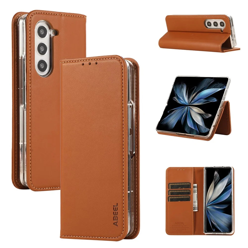 ABEEL For Samsung Galaxy Z Fold6 5G Phone Case RFID Blocking Leather Flip Cover - Brown - 1