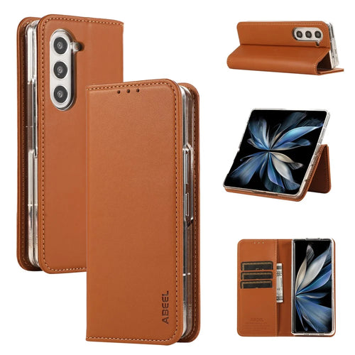ABEEL For Samsung Galaxy Z Fold5 5G Stand Case RFID Blocking Leather Phone Cover - Brown - 1