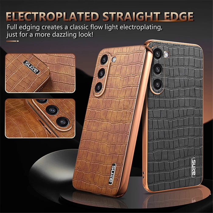 AZNS For Samsung Galaxy S23+ Case Crocodile Texture PU+TPU Phone Cover Electroplating - Brown - 4