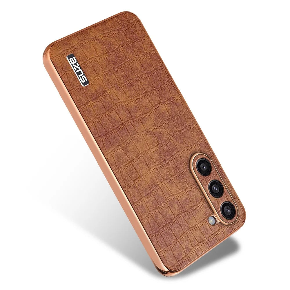 AZNS For Samsung Galaxy S23 Case Crocodile Texture PU+TPU Electroplating Phone Cover - Brown - 2