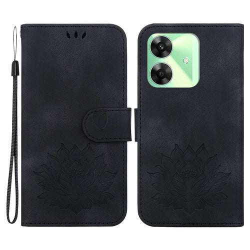 For Realme Note 60x 4G / C63 4G / C61 4G / Narzo N63 4G Stand Case Lotus Imprint Leather Wallet Phone Cover - Black - 1
