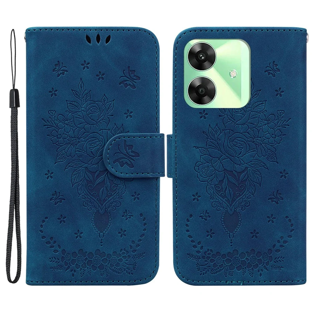 For Realme Note 60x 4G / C63 4G / C61 4G / Narzo N63 4G Wallet Case PU Leather Phone Cover Butterfly Flower Imprint - Blue - 1