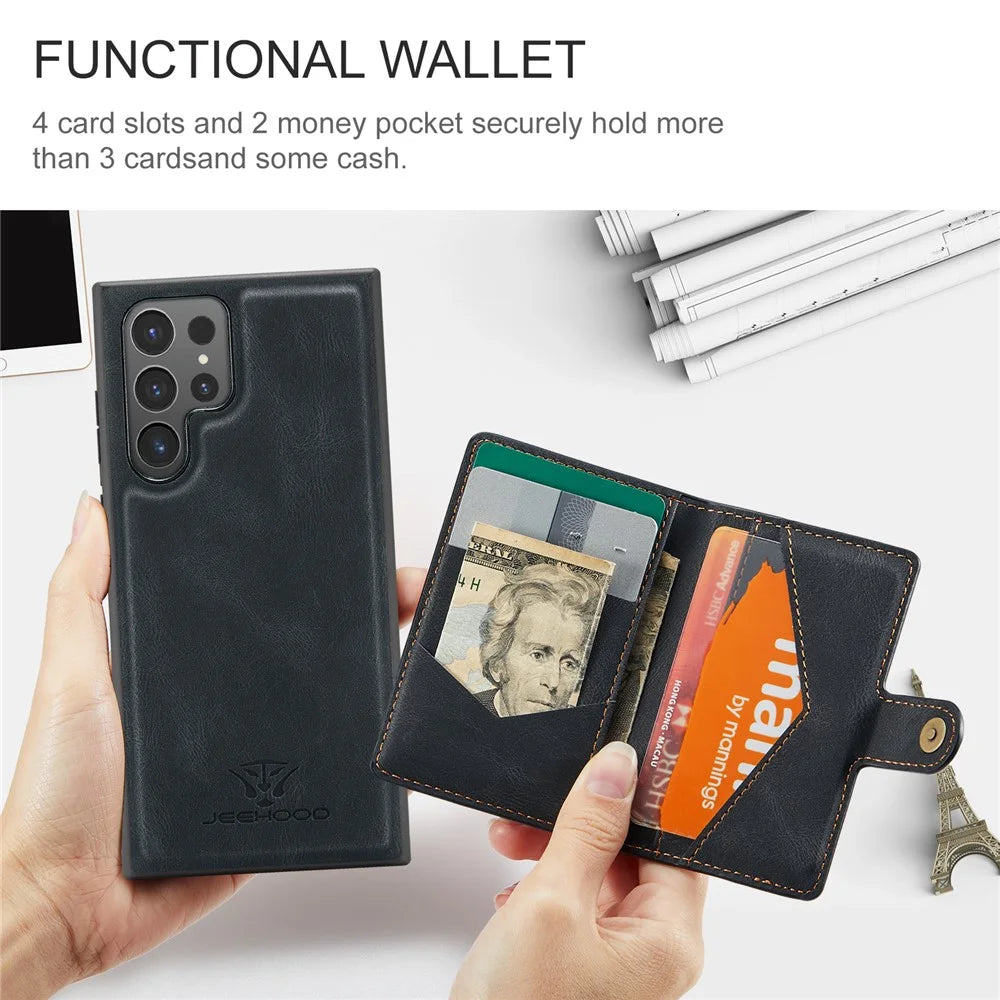 JEEHOOD J01 For Samsung Galaxy S24 Ultra Case Kickstand Phone Cover Detachable Card Bag - Black - 7