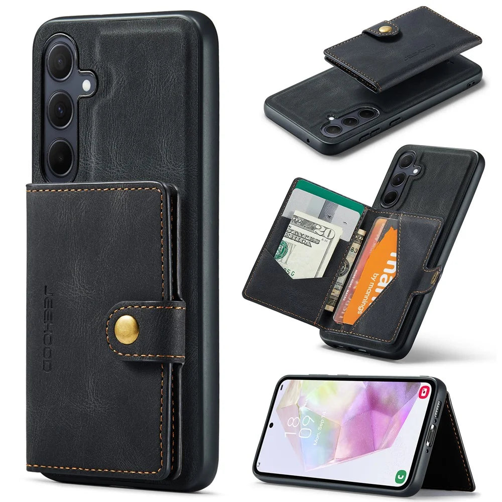 JEEHOOD J01 For Samsung Galaxy A35 5G Case Card Bag Retro Leather+TPU Phone Cover - Black - 1