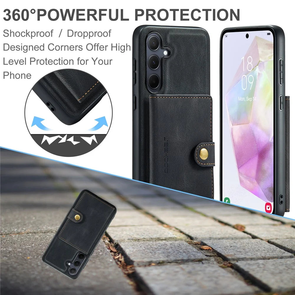 JEEHOOD J01 For Samsung Galaxy A35 5G Case Card Bag Retro Leather+TPU Phone Cover - Black - 6