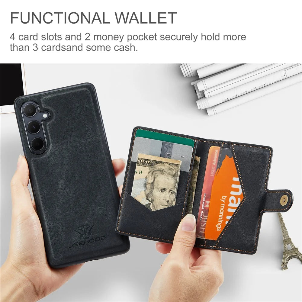 JEEHOOD J01 For Samsung Galaxy A35 5G Case Card Bag Retro Leather+TPU Phone Cover - Black - 7