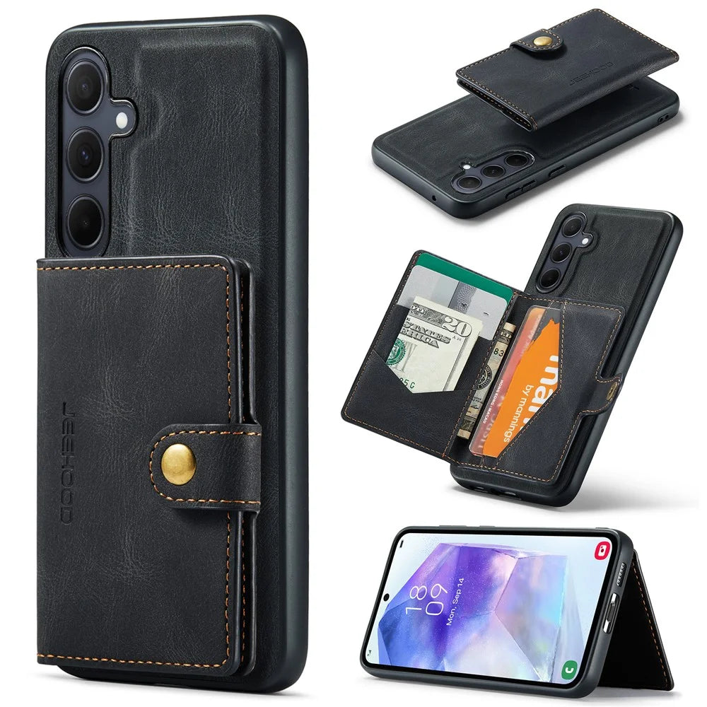 JEEHOOD J01 For Samsung Galaxy A55 5G Case Leather+TPU Phone Cover with Card Bag - Black - 1