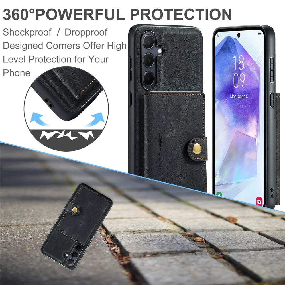 JEEHOOD J01 For Samsung Galaxy A55 5G Case Leather+TPU Phone Cover with Card Bag - Black - 6