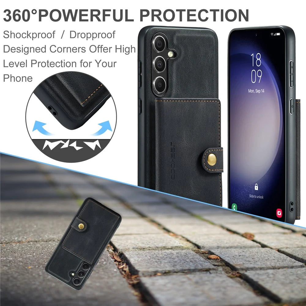 JEEHOOD J01 For Samsung Galaxy S23 FE Retro Phone Case with Detachable Magnetic Card Bag - Black - 6