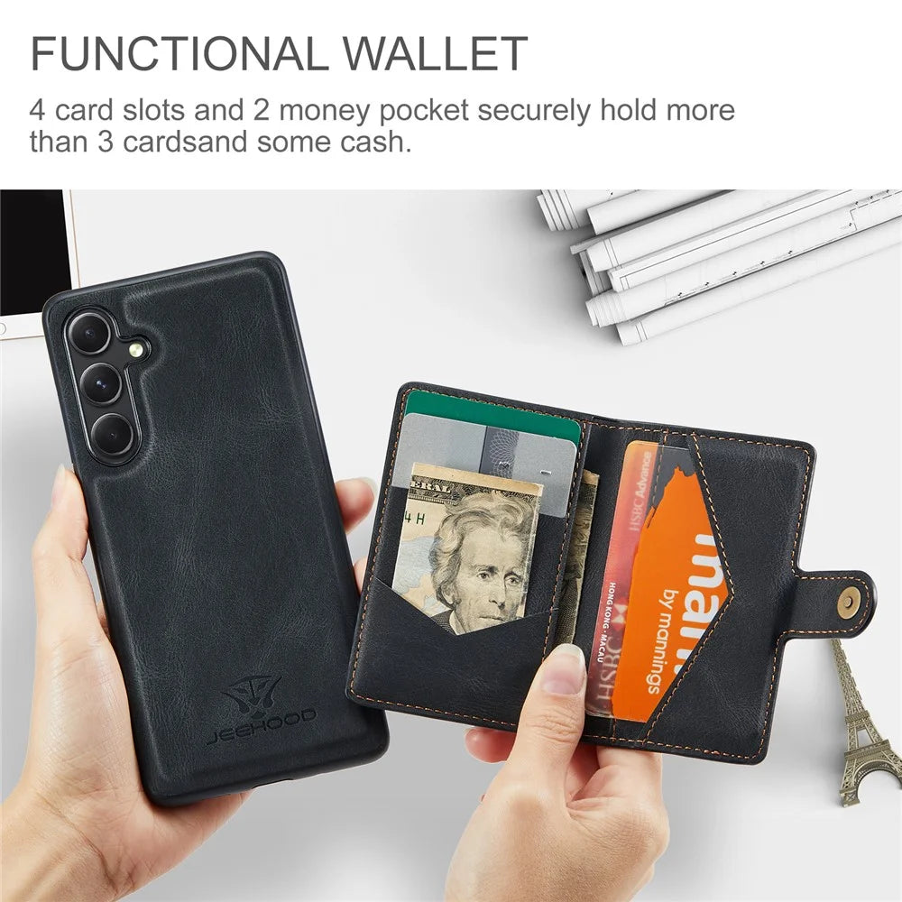 JEEHOOD J01 For Samsung Galaxy S23 FE Retro Phone Case with Detachable Magnetic Card Bag - Black - 7