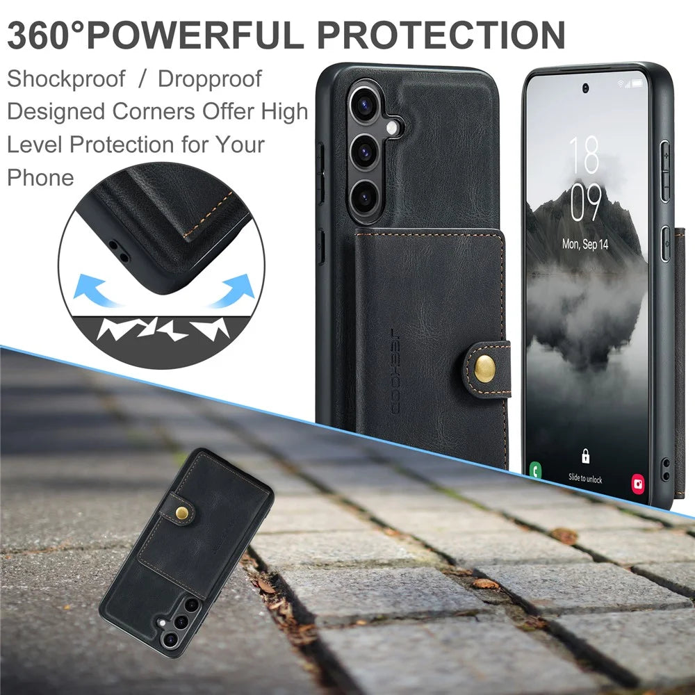 JEEHOOD J01 For Samsung Galaxy S24+ Case Detachable Card Bag Leather Coated TPU Cover - Black - 6