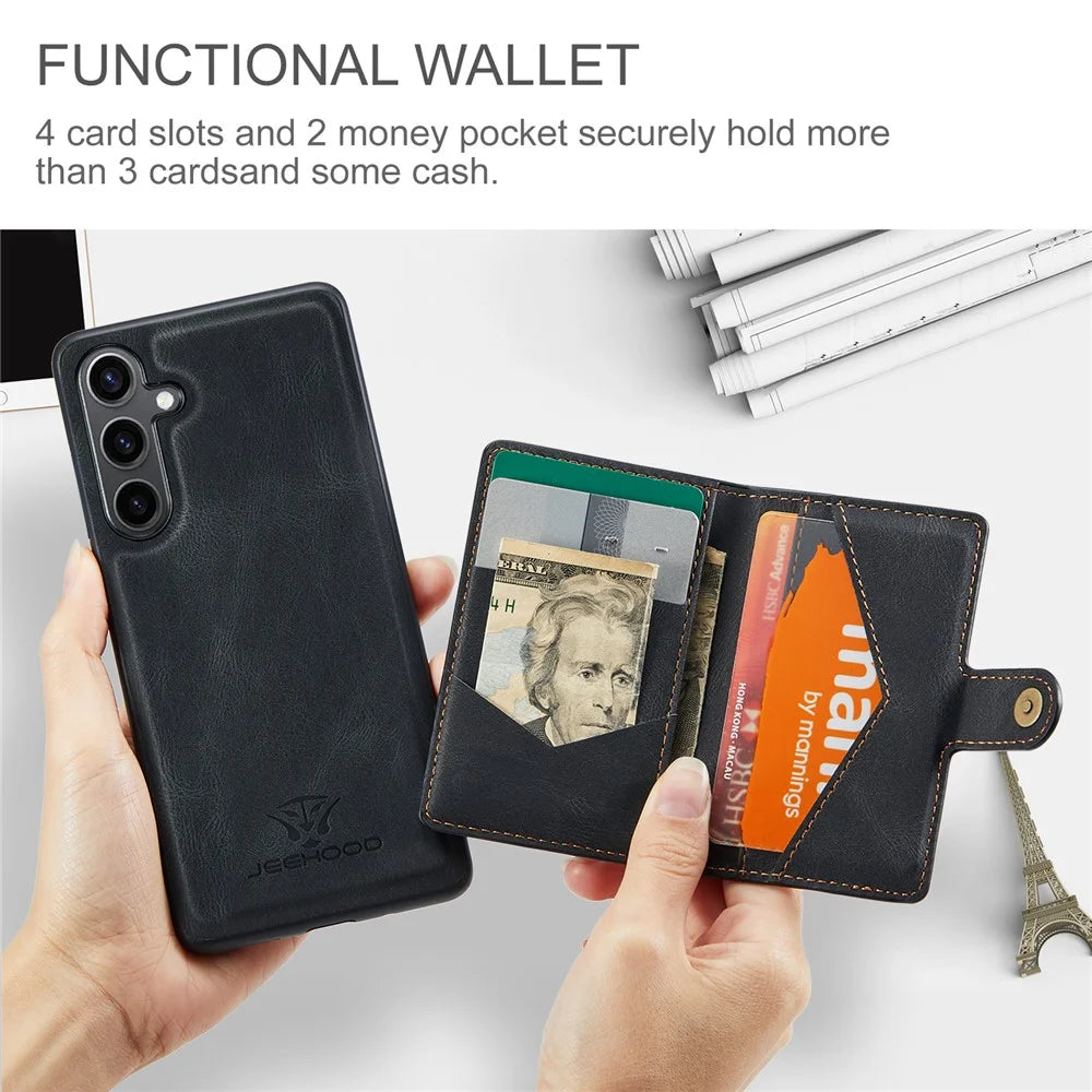 JEEHOOD J01 For Samsung Galaxy S24+ Case Detachable Card Bag Leather Coated TPU Cover - Black - 7