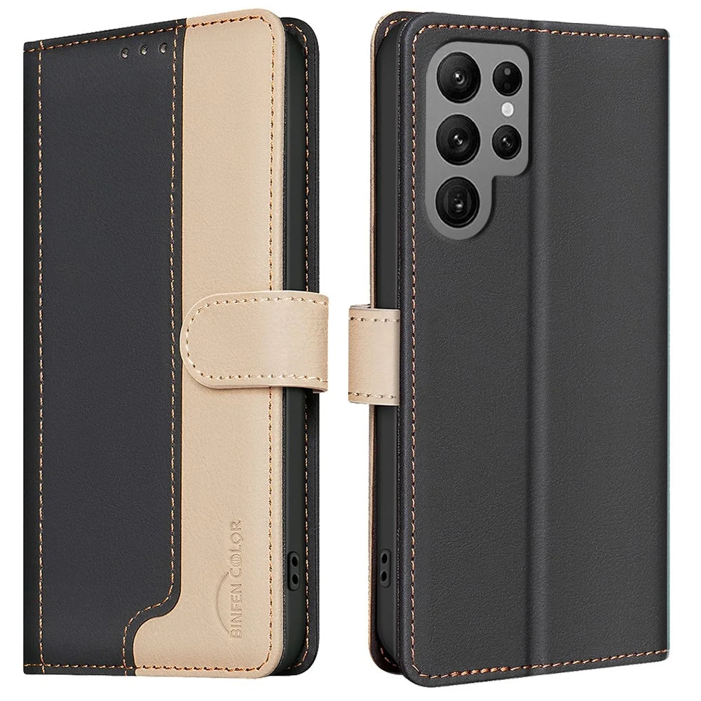 BINFEN COLOR BF33 For Samsung Galaxy S24 Ultra Leather Case Dual Color RFID Blocking - Black - 1