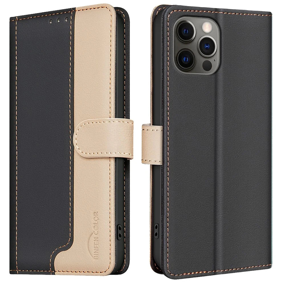 BINFEN COLOR BF33 For iPhone 16 Pro Case PU Leather Wallet Stand View Phone Cover - Black - 1