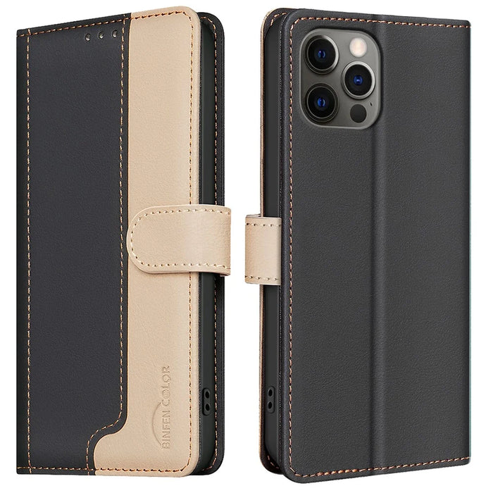 BINFEN COLOR BF33 For iPhone 16 Pro Case PU Leather Wallet Stand View Phone Cover - Black - 1