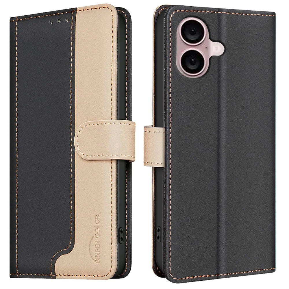 BINFEN COLOR BF33 For iPhone 16 Case RFID Blocking PU Leather Stand Phone Cover - Black - 1