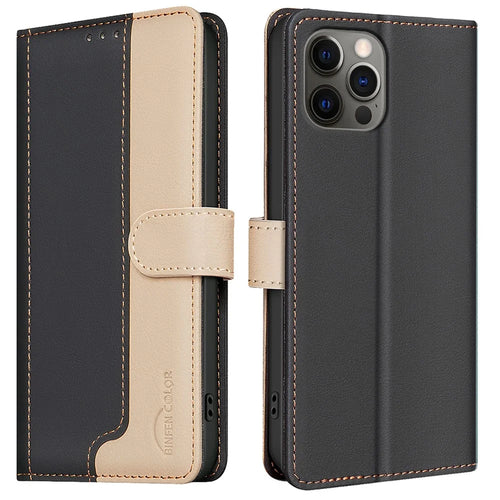 BINFEN COLOR BF33 For iPhone 15 Pro Case RFID Blocking Card Slots Leather Cover - Black - 1