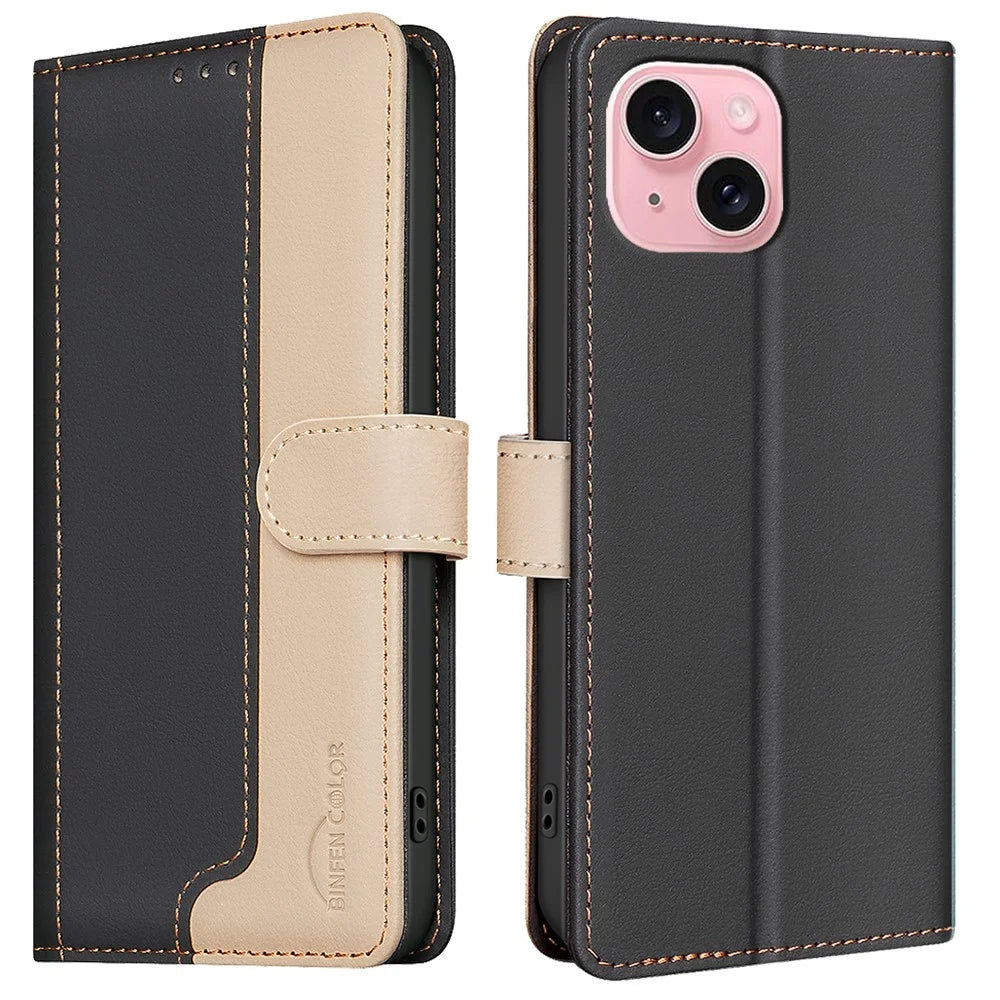 BINFEN COLOR BF33 For iPhone 15 Case Splicing Color Phone Cover RFID Blocking - Black - 1