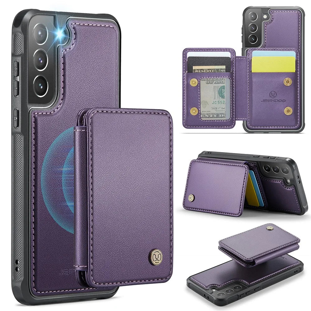 JEEHOOD J05 For Samsung Galaxy S21+ 5G Case Leather Mobile Cover with Detachable Magnetic Card Bag - Purple - 1