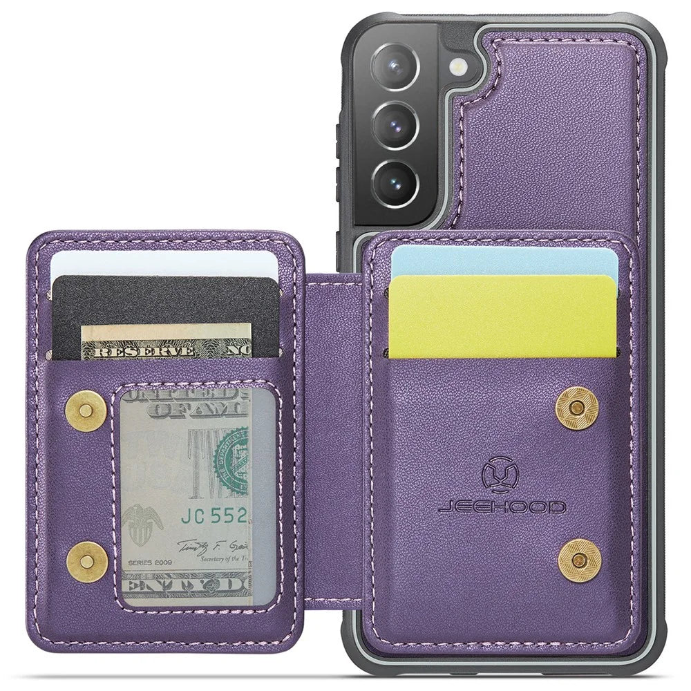 JEEHOOD J05 For Samsung Galaxy S21+ 5G Case Leather Mobile Cover with Detachable Magnetic Card Bag - Purple - 2