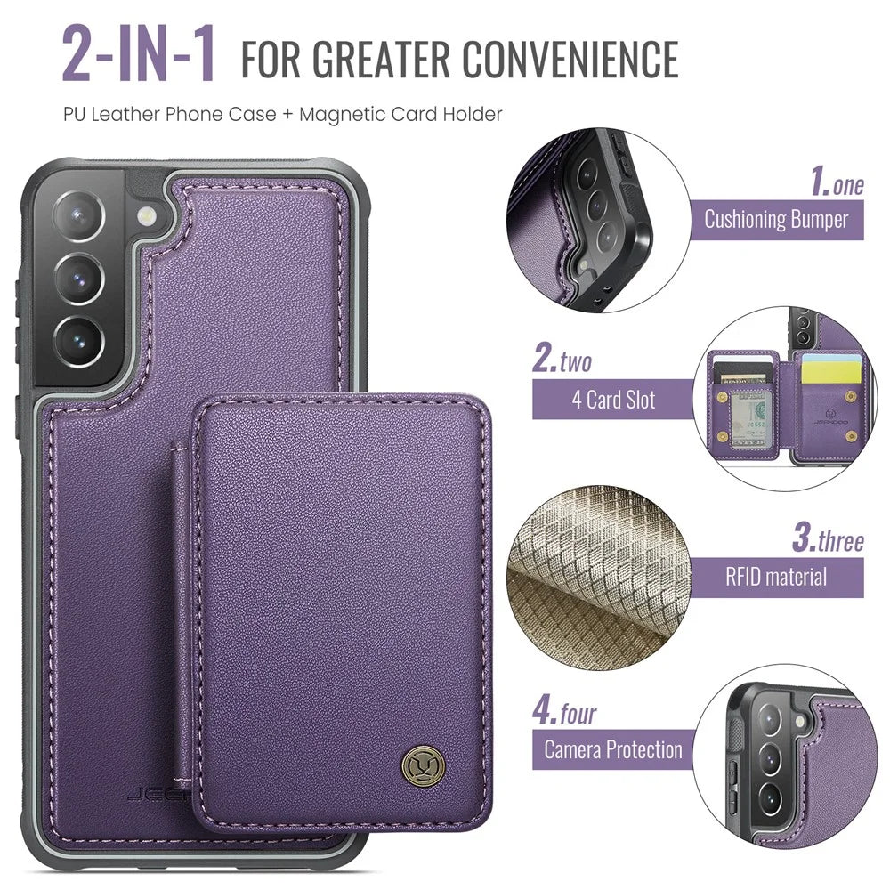 JEEHOOD J05 For Samsung Galaxy S21+ 5G Case Leather Mobile Cover with Detachable Magnetic Card Bag - Purple - 7