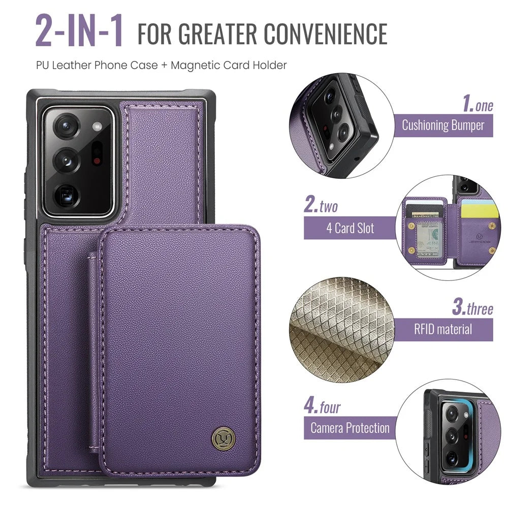 JEEHOOD J05 For Samsung Galaxy Note20 Ultra / Note20 Ultra 5G Case Leather Mobile Cover with Detachable Magnetic Card Bag - Purple - 6