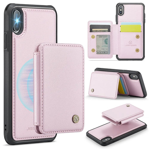 JEEHOOD J05 For iPhone X / XS Case Leather Mobile Cover with Detachable Magnetic Card Bag - Pink - 1