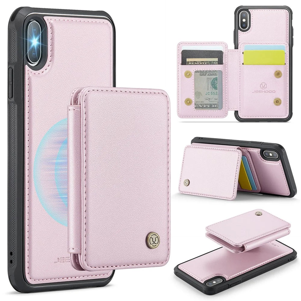 JEEHOOD J05 For iPhone X / XS Case Leather Mobile Cover with Detachable Magnetic Card Bag - Pink - 1