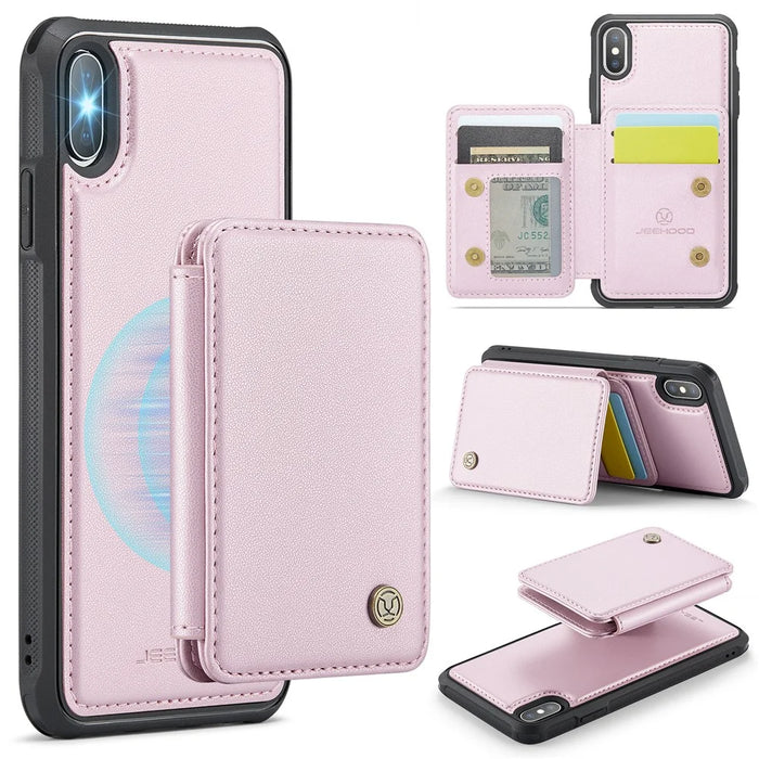 JEEHOOD J05 For iPhone X / XS Case Leather Mobile Cover with Detachable Magnetic Card Bag - Pink - 1