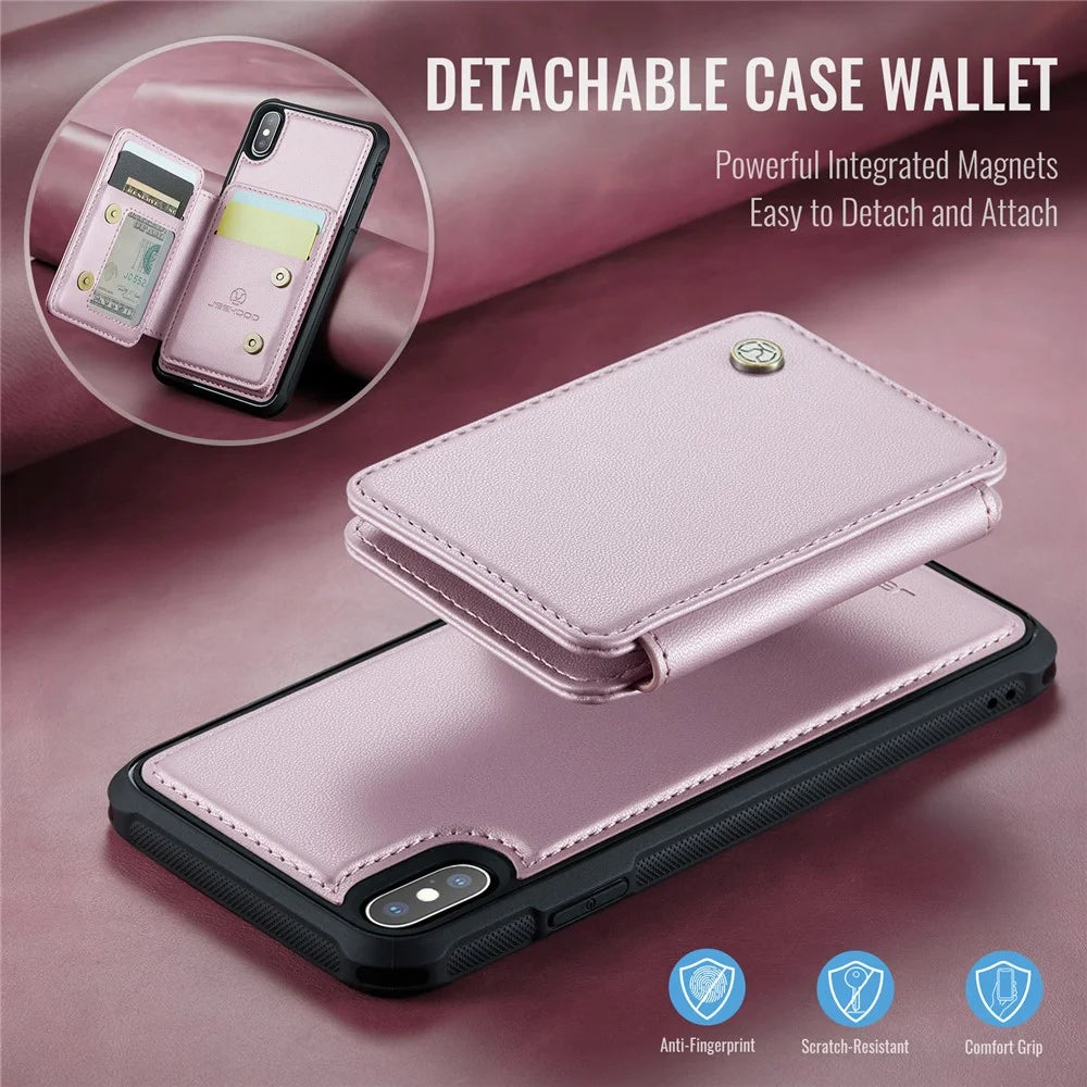 JEEHOOD J05 For iPhone X / XS Case Leather Mobile Cover with Detachable Magnetic Card Bag - Pink - 6