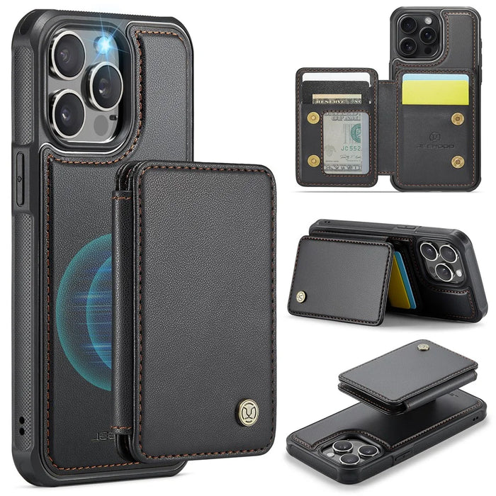 JEEHOOD J05 For iPhone 15 Pro Case Leather Mobile Cover with Detachable Magnetic Card Bag - Black - 1