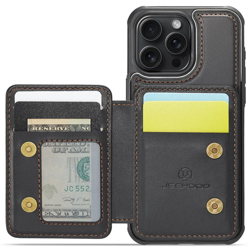 JEEHOOD J05 For iPhone 15 Pro Case Leather Mobile Cover with Detachable Magnetic Card Bag - Black - 2