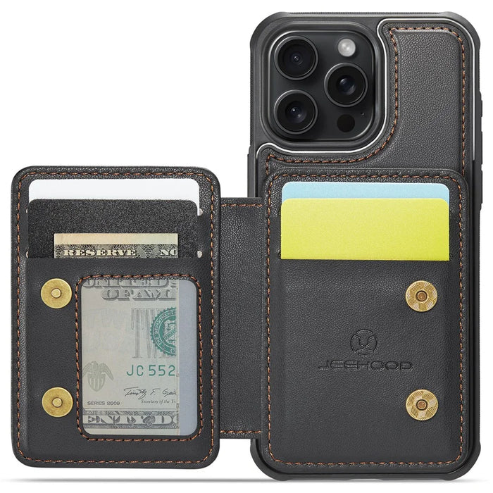 JEEHOOD J05 For iPhone 15 Pro Case Leather Mobile Cover with Detachable Magnetic Card Bag - Black - 2