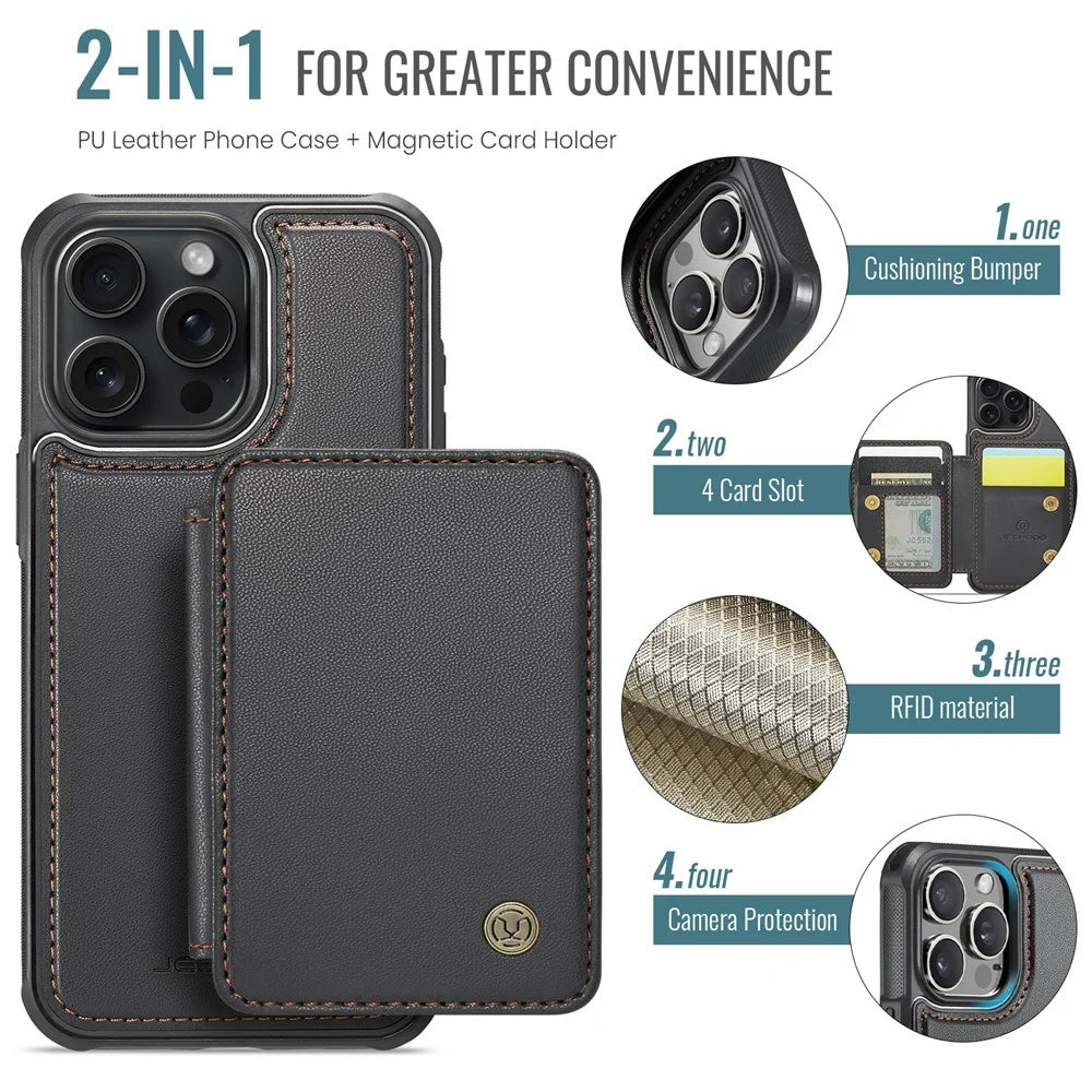 JEEHOOD J05 For iPhone 15 Pro Case Leather Mobile Cover with Detachable Magnetic Card Bag - Black - 7