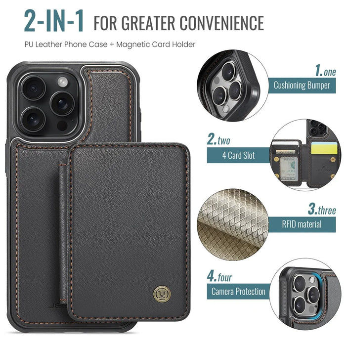 JEEHOOD J05 For iPhone 15 Pro Case Leather Mobile Cover with Detachable Magnetic Card Bag - Black - 7
