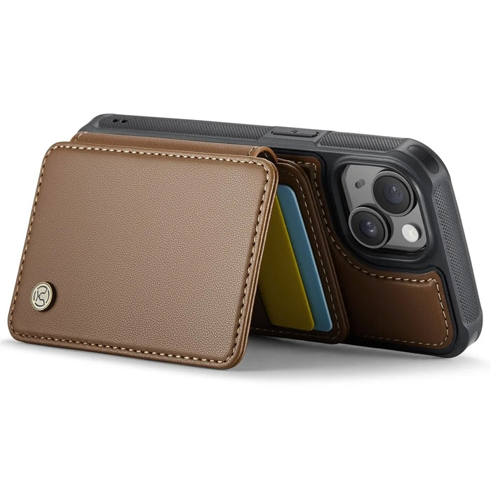 JEEHOOD J05 For iPhone 15 Plus Case Leather Mobile Cover with Detachable Magnetic Card Bag - Brown - 3