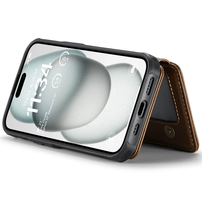 JEEHOOD J05 For iPhone 15 Plus Case Leather Mobile Cover with Detachable Magnetic Card Bag - Brown - 4