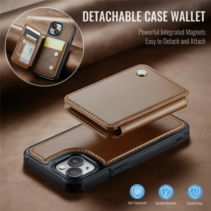 JEEHOOD J05 For iPhone 15 Plus Case Leather Mobile Cover with Detachable Magnetic Card Bag - Brown - 6